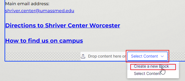 click on select content or create a new block
