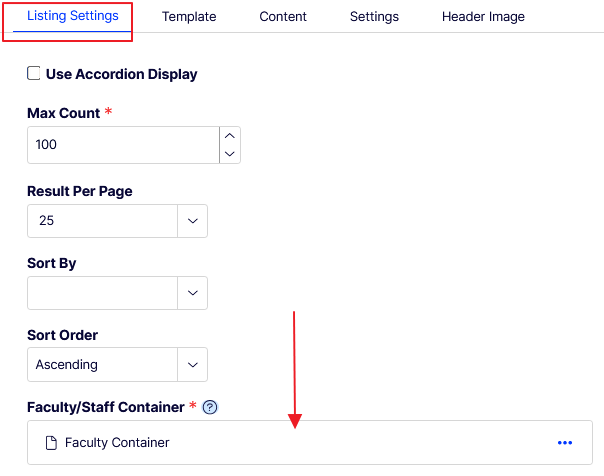 highlighting the listing settings tab and the Faculty Container property