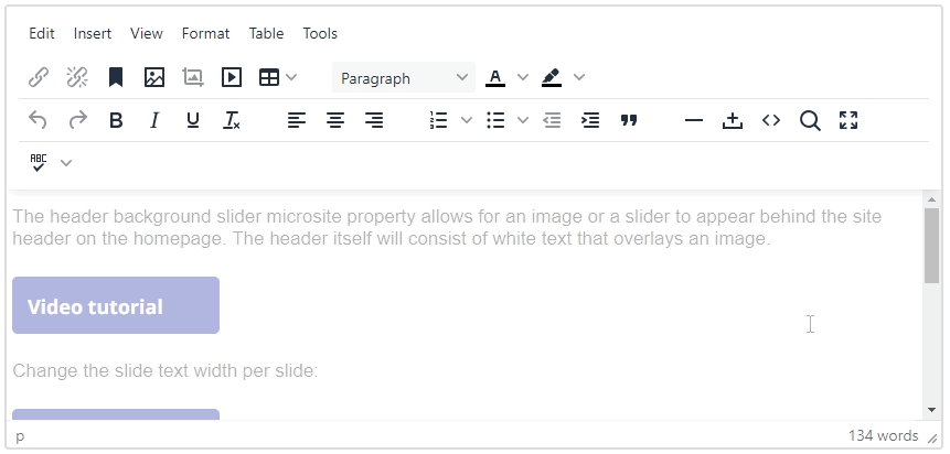 screenshot of WYSIWYG with menu of icons for editing and a text area for adding content