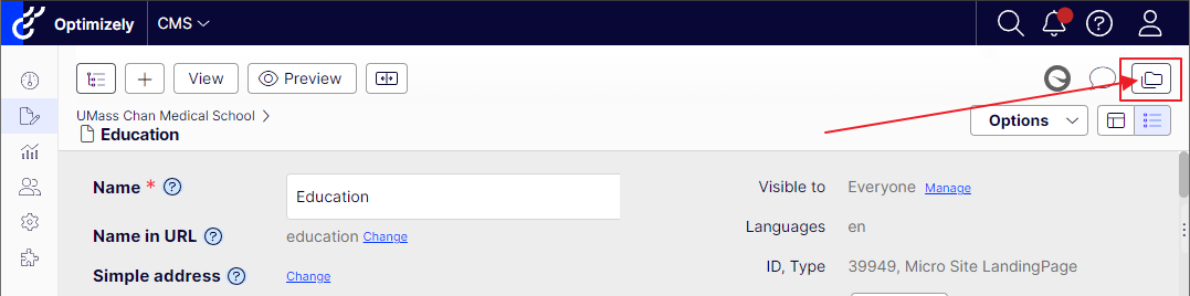 screenshot pointing to folders icon which opens the block/media panel