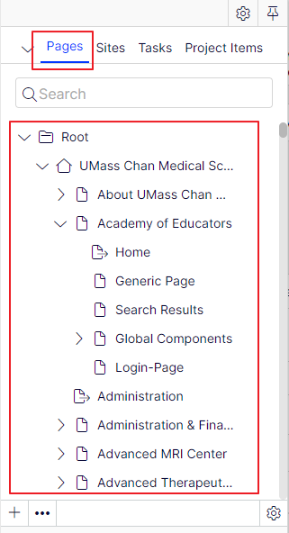 Screenshot of page/content tree panel