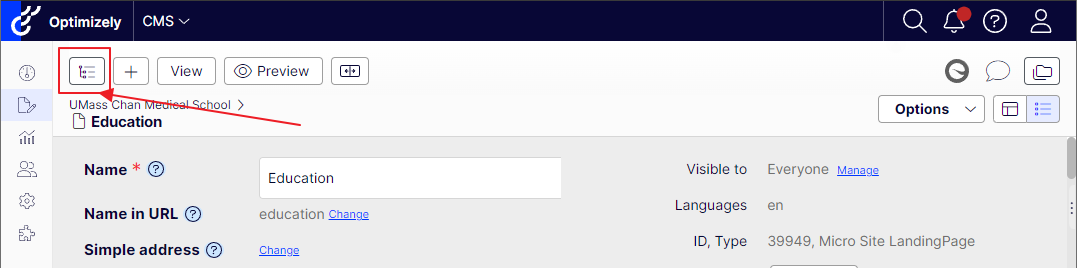 screenshot pointing to page tree icon to open page tree panel