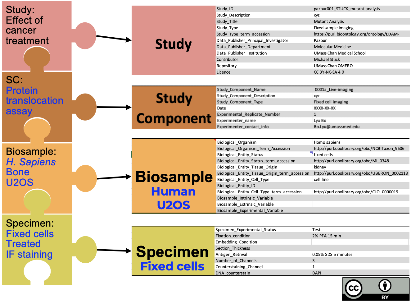 The figure describes the modular and composable nature of Excel templates used to capture experimental and sample preparation metadarta.