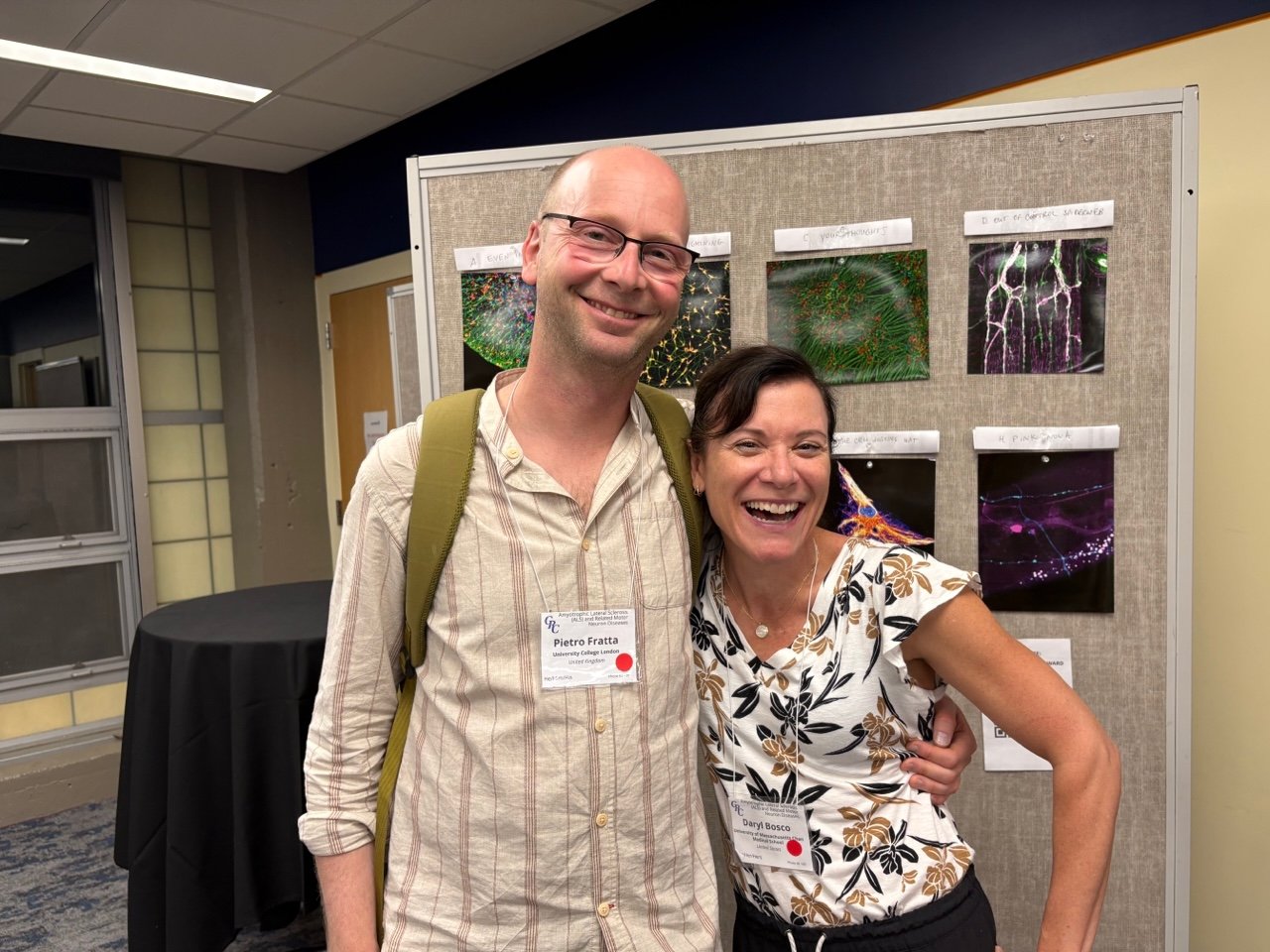 Pietro Fratta and Daryl A. Bosco are pictured during the conference focusing on Fundamental Mechanisms to Disease &ndash; Modifying Therapeutic Strategies in 2025.