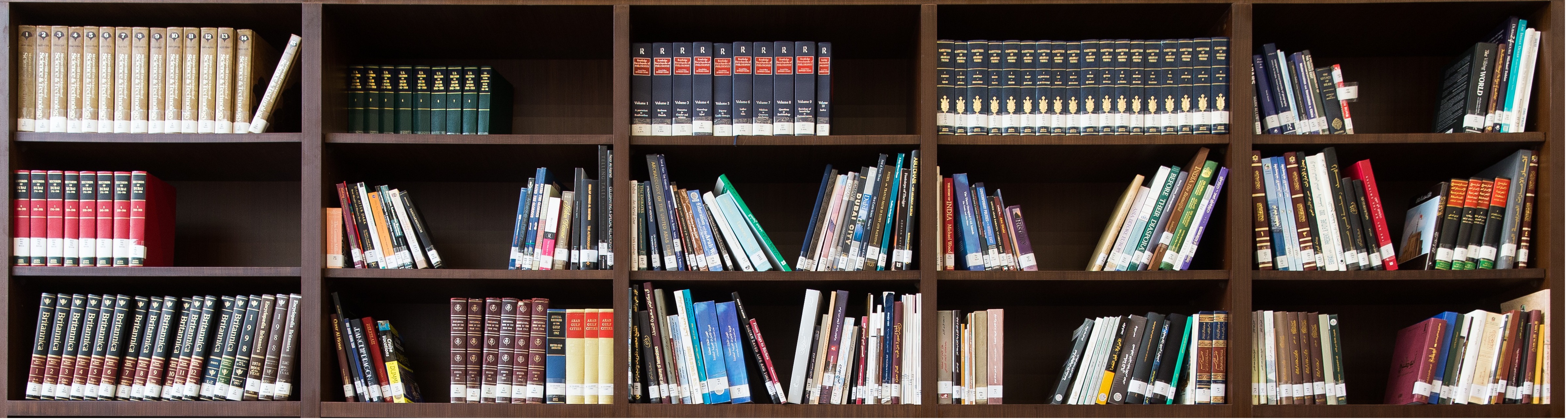 Books lined up on a brown bookshelf