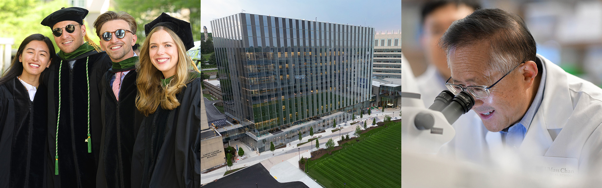 Students at graduation, new education and research building and doctor peering into microscope.