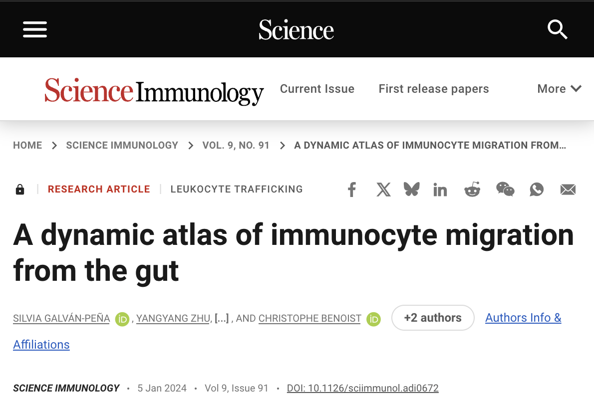 screenshot of a Science Immunology paper titled "A dynamic atlas of immunocyte migration from the gut"