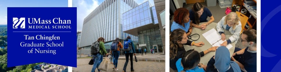 Images depicting UMass Chan campus, and a group of students and faculty seating around a table