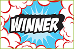 Image shows the word "WINNER" surrounded by blue and red clouds