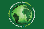 The image shows a green globe encircled by the words "Become part of the solution" 