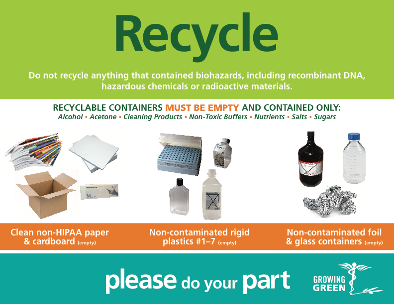 An instructional sign with recyclable lab materials on it