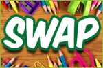 Image shows the word  "SWAP" denoting the phrase Surplus With A Purpose. The word is surrounded by office materials.