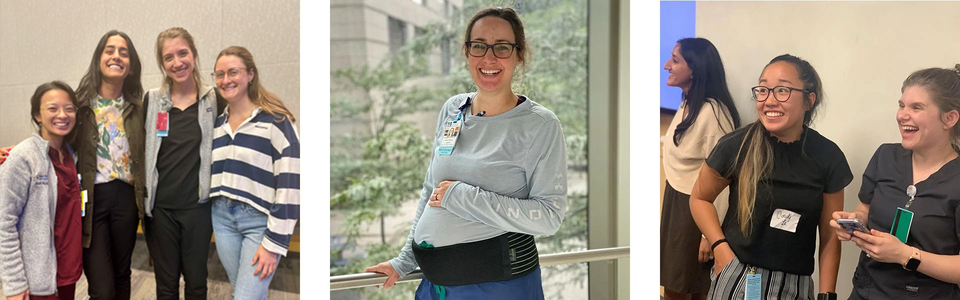 Three images, the first is of four female residents, the second is of one of the pregnant female residents, and the third is three female residents participating in a weekly meeting activity 