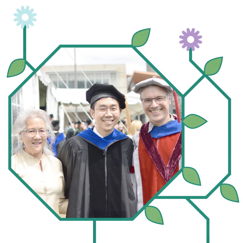 Sungwook Choi wearing a cap and gown celebrates his graduation from UMass Chan Medical School with Lee and Dr. Ambros.