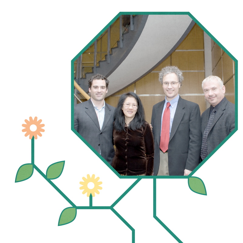 Howard Scott Silverman, his father, Jeffrey Silverman stand with Lee and Ambros in 2008 after endowing the Silverman Chair in Natural Sciences for Ambros.