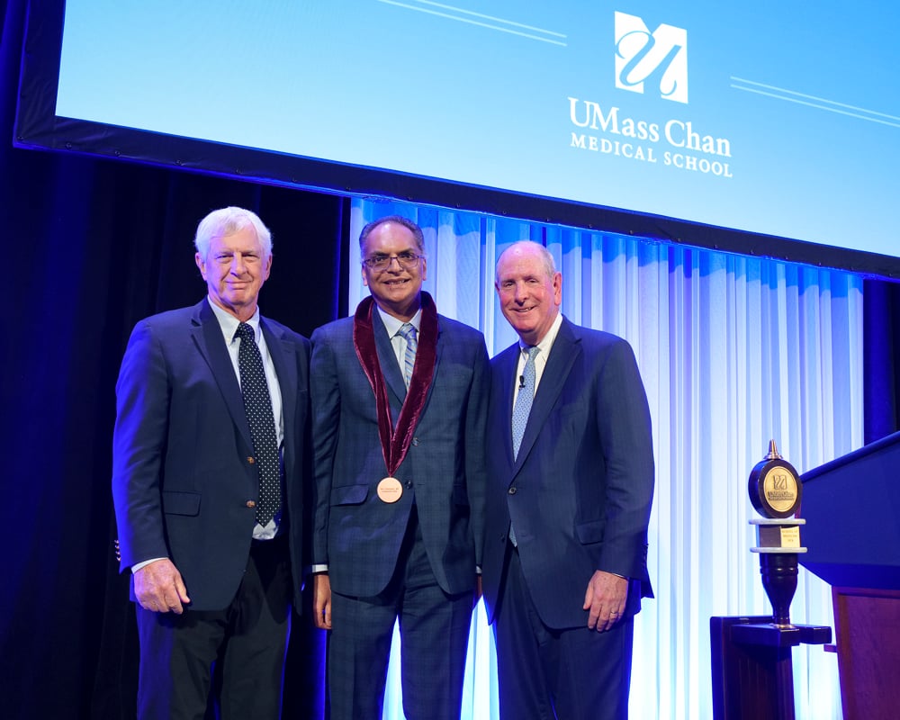 Jack Wilson (left) and Chancellor Collins (left), with Anil Chandraker, the newly endowed Jack M. Wilson Chair in Biomedical Research.