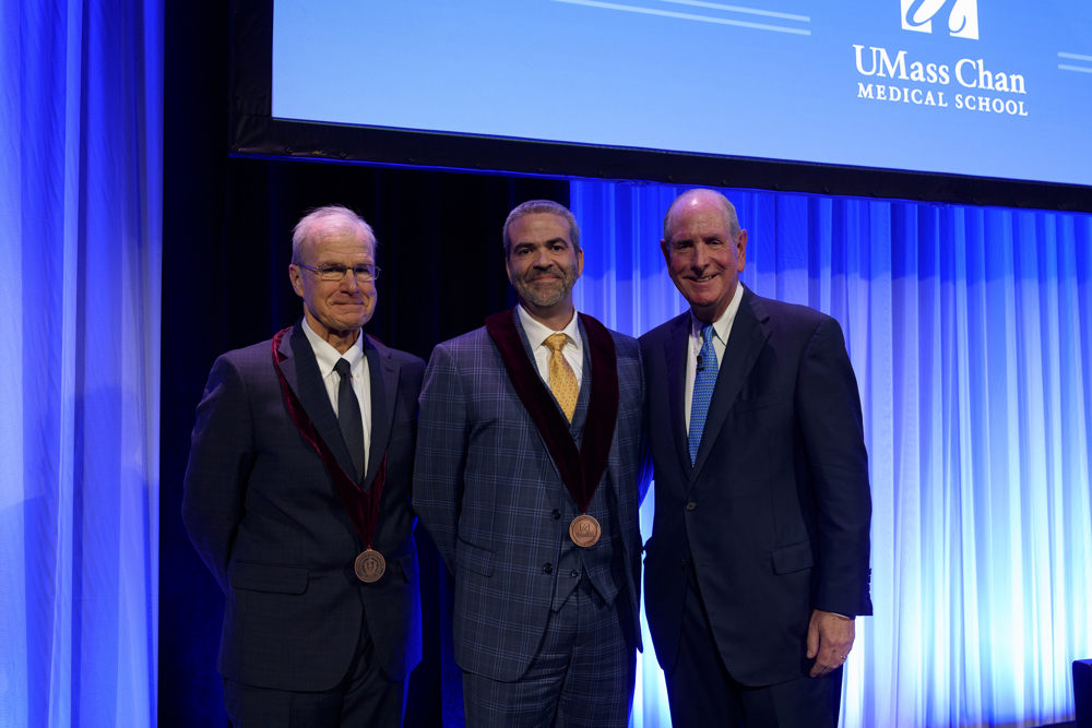 Dean Flotte and Chancellor Collins with the newly invested Jeannette Wolfe. (1551) Photo: John Gillooly/PEI
