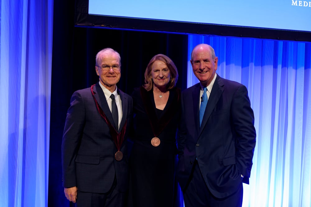 Dean Flotte and Chancellor Collins with the newly invested Jeannette Wolfe. Photo: John Gillooly/PEI