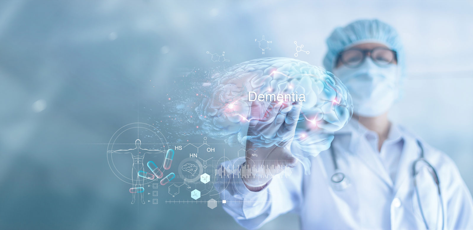 graphic displaying a physician researching the science in cognitive neurology