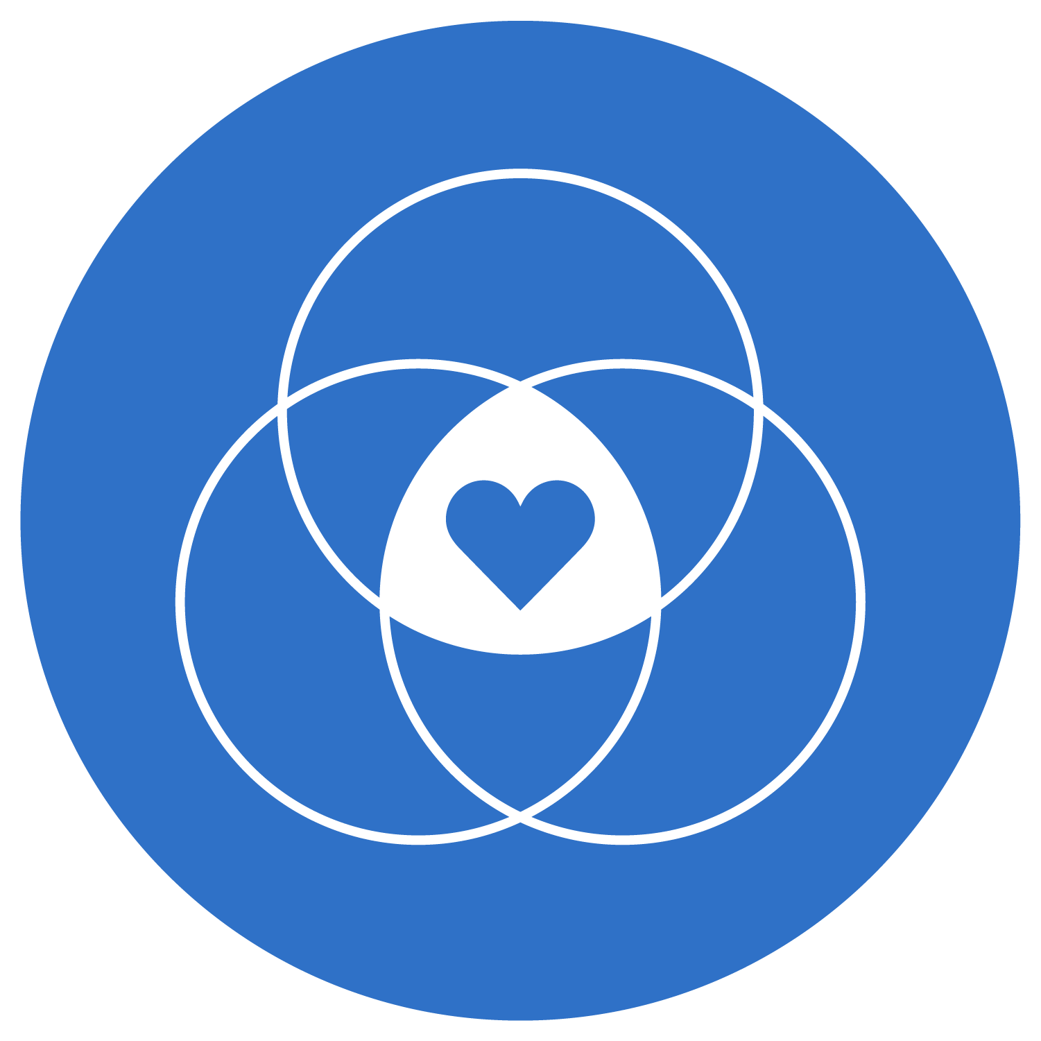 solid blue circle with white circle outlines and white heart in the center