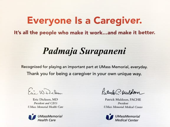 UMass Memorial Caregiver Award - Padmaja Surapaneni UMass Memorial Caregiver Award - Padmaja Surapaneni