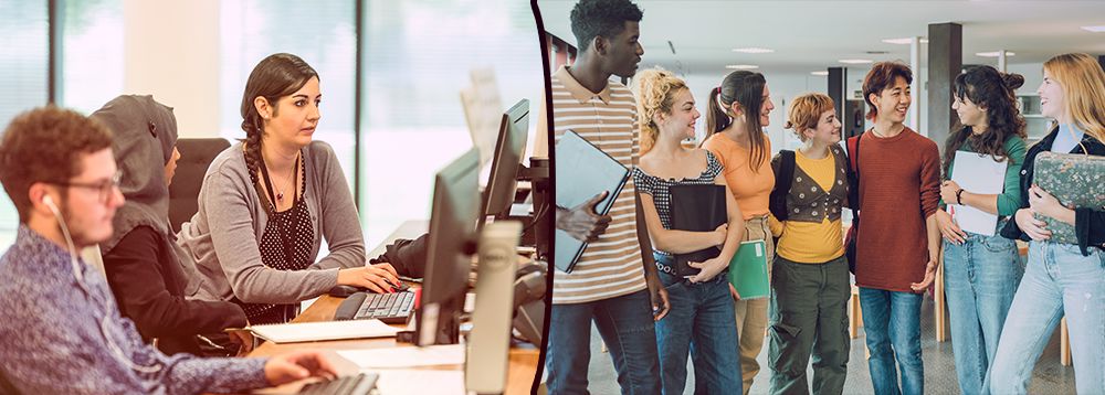 female instructor at a computer with female student in hijab. group of diverse teens in the school library