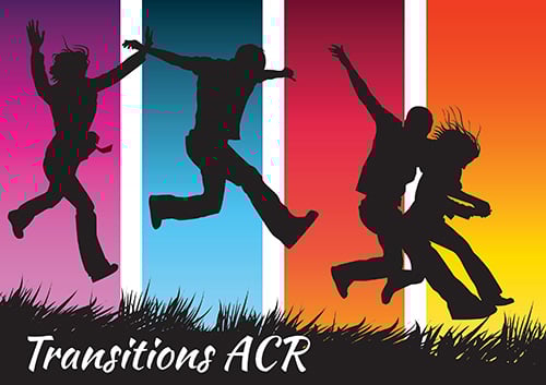 TACR Logo black silhouette of teens jumping against a rainbow sky