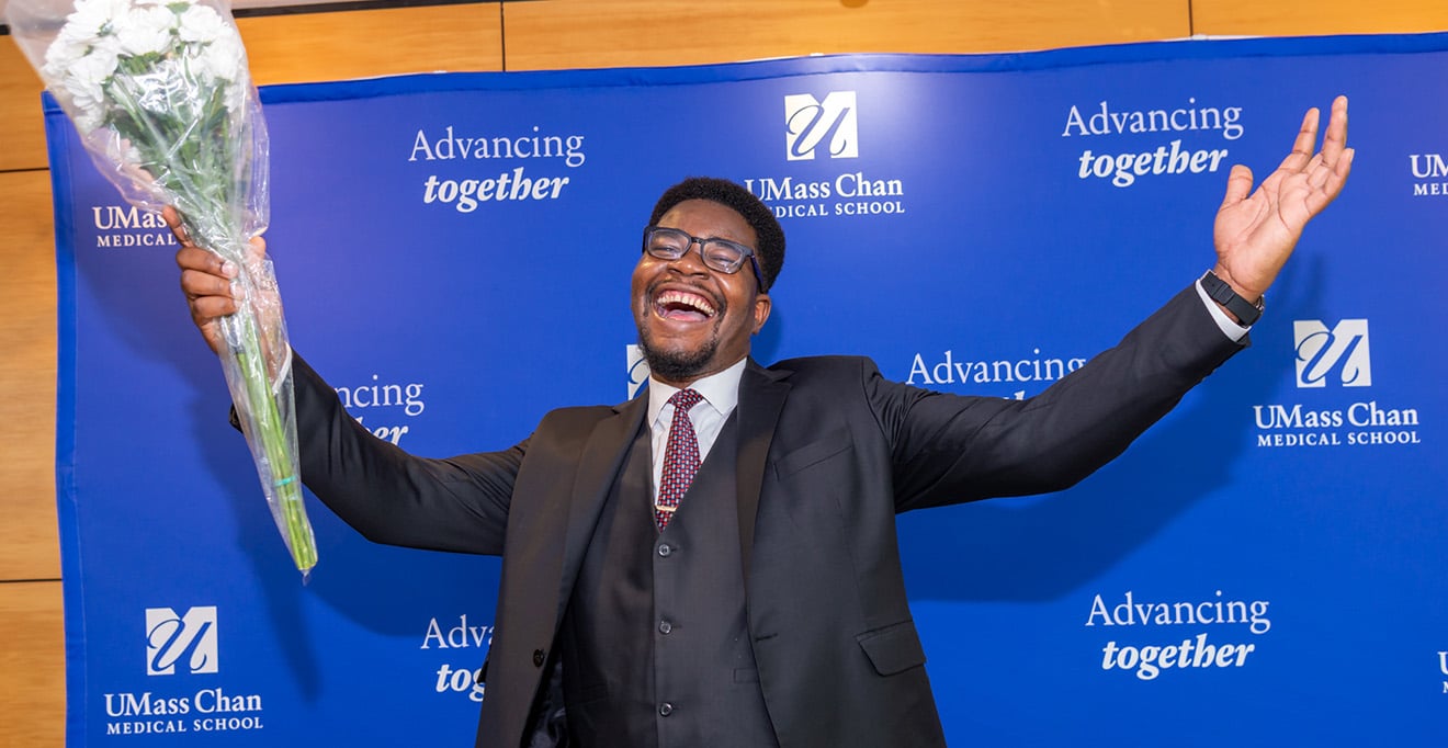 PhD candidate Chijioke Onyeani celebrates after the annual Recognition Ceremony.