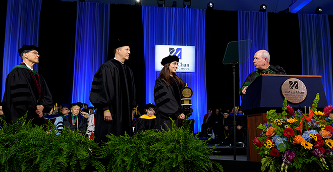 Terence Flotte, Majid Jafar and Lynn Barghout Jafar, co-founders of the Loulou Foundation, and Chancellor Michael F. Collins at 2025 Commencement
