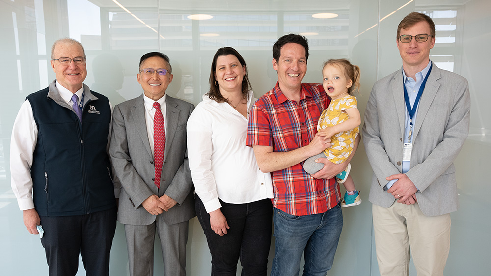Terence R. Flotte, MD; Guangping Gao, PhD; Lori, Lee and Noa Greenwood; and Dominic Gessler, MD,PhD&rsquo;20, during a visit to UMass Chan in 2023