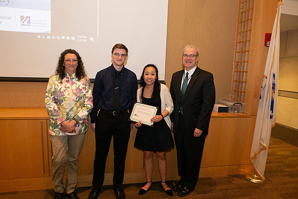 (from left) Dr. Haley, MLK Semester of Service Award winners Thomas Kania, SOM ’23 and Cindy Le, SOM ’23, and Dean Flotte