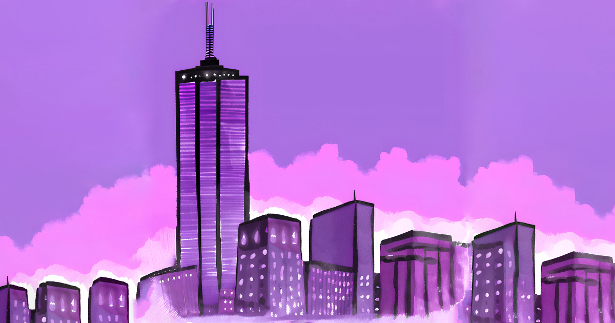illustration of the boston skyline with the prudential center colored in purple